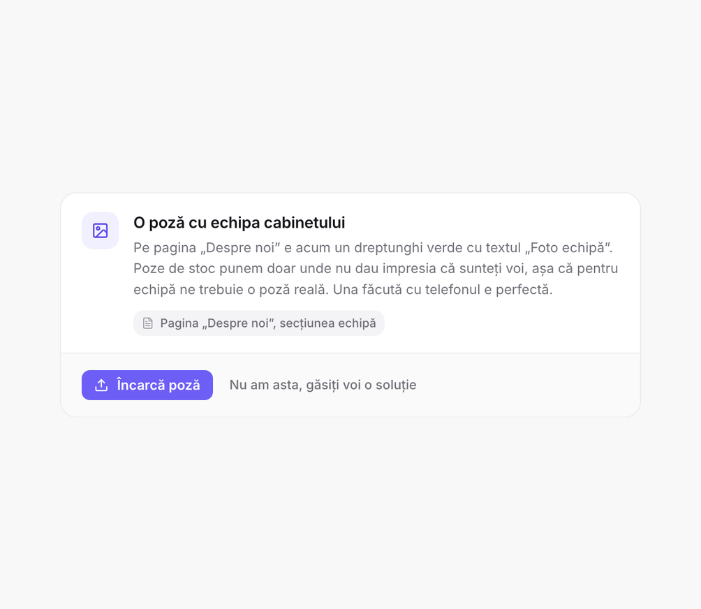 Întrebare din portalul Patro: o poză reală cu echipa cabinetului, cu buton de încărcare