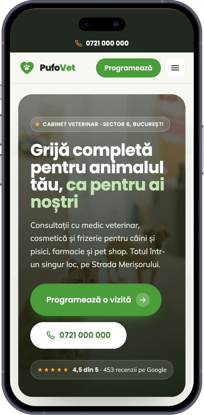 Site construit de Patro pentru un cabinet veterinar, văzut pe telefon