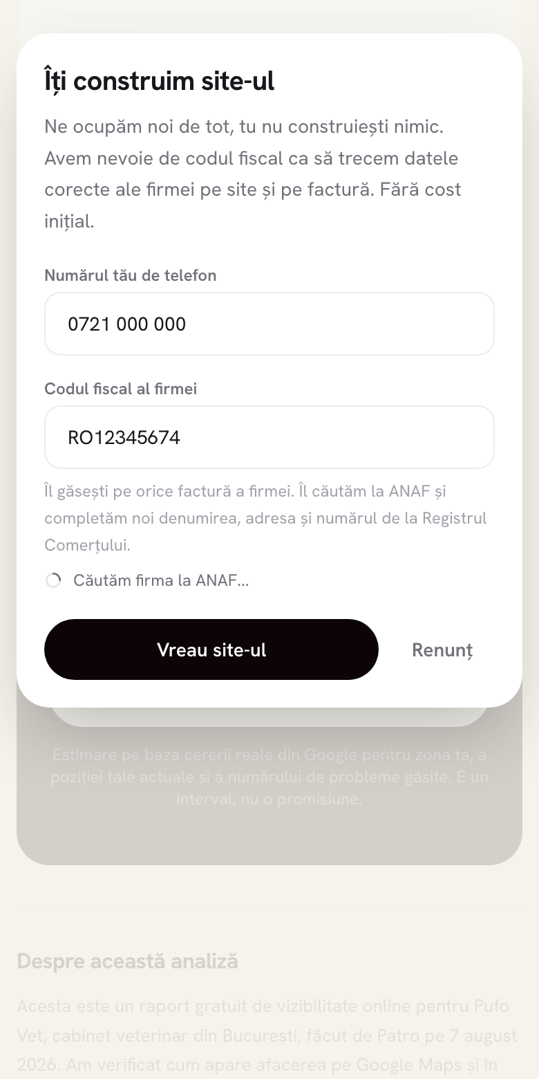 Formularul scurt de la finalul raportului Patro: numărul de telefon și codul fiscal al firmei