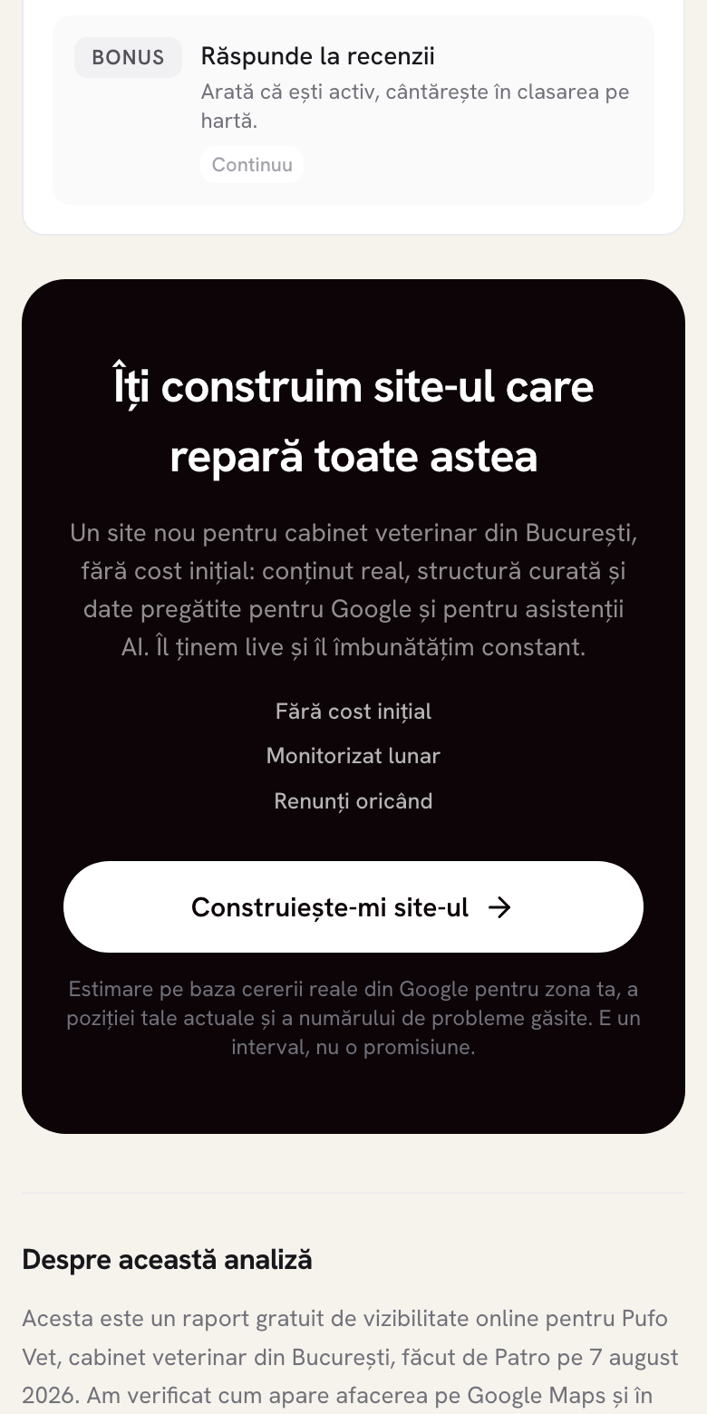 Butonul „Construiește-mi site-ul”, la finalul raportului Patro